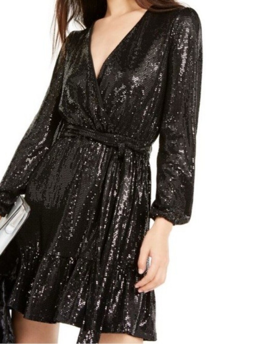 NWT Michael Kors Black Sequin Long Sleeve Wrap Mini Dress..Size:S